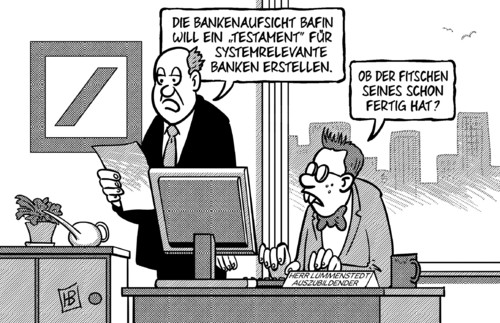 Cartoon: Fitschens Testament (medium) by Harm Bengen tagged bankenaufsicht,bafin,bankenkrise,notfallplan,testament,systemrelevant,fitschen,chef,deutsche,bank,bouffier,steuerhinterziehung,verbrechen,knast,untersuchungshaft,gefängnis,strafvollzug,harm,bengen,cartoon,karikatur