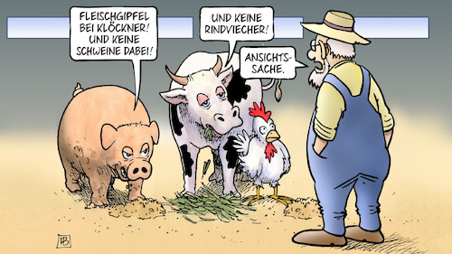 Cartoon: Fleischgipfel (medium) by Harm Bengen tagged fleischgipfel,landwirtschaftsministerin,klöckner,schweine,kuh,rindviecher,huhn,bauer,ernährung,corona,tönnies,fleischindustrie,ansichtssache,harm,bengen,cartoon,karikatur,fleischgipfel,landwirtschaftsministerin,klöckner,schweine,kuh,rindviecher,huhn,bauer,ernährung,corona,tönnies,fleischindustrie,ansichtssache,harm,bengen,cartoon,karikatur