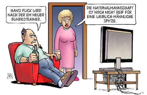 Cartoon: Flick Bundestrainer (medium) by Harm Bengen tagged hansi,flick,tv,em,bundestrainer,nationalmannschaft,gendergerechtigkeit,weiblich,männliche,spitze,fussball,harm,bengen,cartoon,karikatur,hansi,flick,tv,em,bundestrainer,nationalmannschaft,gendergerechtigkeit,weiblich,männliche,spitze,fussball,harm,bengen,cartoon,karikatur