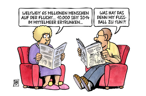 Cartoon: Flucht und Fussball (medium) by Harm Bengen tagged weltweit,65,millionen,flucht,migratrion,asyl,vertreibung,mittelmeer,ertrinken,fussball,europameisterschaft,em,zeitung,harm,bengen,cartoon,karikatur,weltweit,65,millionen,flucht,migratrion,asyl,vertreibung,mittelmeer,ertrinken,fussball,europameisterschaft,em,zeitung,harm,bengen,cartoon,karikatur