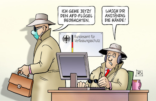 Cartoon: Flügel beobachten (medium) by Harm Bengen tagged afd,rechtsextrem,flügel,verfassungsschutz,geheimdienst,agenten,beobachten,hände,waschen,mundschutz,corona,coronavirus,ansteckung,pandemie,epidemie,krankheit,schaden,harm,bengen,cartoon,karikatur,afd,rechtsextrem,flügel,verfassungsschutz,geheimdienst,agenten,beobachten,hände,waschen,mundschutz,corona,coronavirus,ansteckung,pandemie,epidemie,krankheit,schaden,harm,bengen,cartoon,karikatur