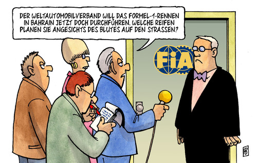 Cartoon: Formel 1 in Bahrein (medium) by Harm Bengen tagged formel1,bahrein,menschenrechte,proteste,aufstand,unterdrückung,arabien,arabischer,frühling,fia,auto,automobil,automobilverband,entscheidung,reporter,interview,formel 1,bahrein,menschenrechte,aufstand,unterdrückung,arabien,arabischer,frühling,auto,automobil,automobilverband,entscheidung,autos,formel,fifa