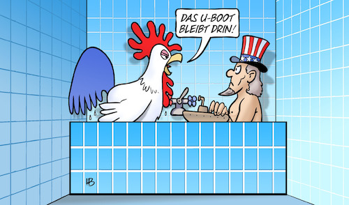 Cartoon: Frankreich-U-Boote (medium) by Harm Bengen tagged loriot,gallischer,hahn,uncle,sam,sicherheitspakt,badewanne,china,usa,gb,uk,frankreich,australien,uboot,indopazifik,harm,bengen,cartoon,karikatur,loriot,gallischer,hahn,uncle,sam,sicherheitspakt,badewanne,china,usa,gb,uk,frankreich,australien,uboot,indopazifik,harm,bengen,cartoon,karikatur