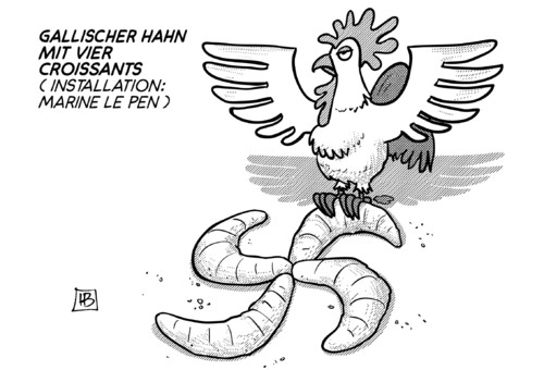 Cartoon: Franz. Regionalwahlen (medium) by Harm Bengen tagged gallischer,hahn,croissants,installation,marine,le,pen,rechts,rechtsextrem,hakenkreuz,nazis,frankreich,regionalwahlen,wahlen,departements,harm,bengen,cartoon,karikatur