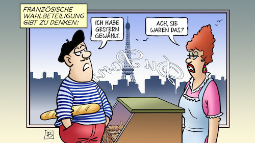 Cartoon: Französische Wahlbeteiligung (medium) by Harm Bengen tagged französische,wahlbeteiligung,frankreich,macron,präsident,parlament,stichwahl,bäckerei,baguette,paris,eifelturm,harm,bengen,cartoon,karikatur,französische,wahlbeteiligung,frankreich,macron,präsident,parlament,stichwahl,bäckerei,baguette,paris,eifelturm,harm,bengen,cartoon,karikatur