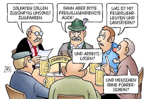 Cartoon: Freifahrten (medium) by Harm Bengen tagged freifahrten,bahn,bundeswehr,akk,kramp,karrenbauer,soldaten,umsonst,gratis,zugfahren,freiwilligendienste,feuerwehrleuten,sanitäter,arbeitslose,alkoholiker,stammtisch,führerschein,harm,bengen,cartoon,karikatur,freifahrten,bahn,bundeswehr,akk,kramp,karrenbauer,soldaten,umsonst,gratis,zugfahren,freiwilligendienste,feuerwehrleuten,sanitäter,arbeitslose,alkoholiker,stammtisch,führerschein,harm,bengen,cartoon,karikatur