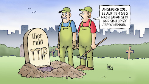 Cartoon: Freihandelsabkommen EU-Japan (medium) by Harm Bengen tagged freihandelsabkommen,eu,europa,japan,jefta,ttip,grab,friedhof,harm,bengen,cartoon,karikatur,freihandelsabkommen,eu,europa,japan,jefta,ttip,grab,friedhof,harm,bengen,cartoon,karikatur