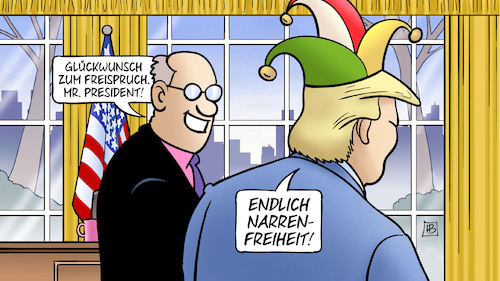 Cartoon: Freispruch (medium) by Harm Bengen tagged glückwunsch,freispruch,president,trump,usa,oval,office,impeachment,narrenfreiheit,narrenkappe,harm,bengen,cartoon,karikatur,glückwunsch,freispruch,president,trump,usa,oval,office,impeachment,narrenfreiheit,narrenkappe,harm,bengen,cartoon,karikatur