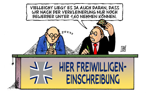 Cartoon: Freiwilligeneinschreibung (medium) by Harm Bengen tagged freiwillige,einschreibung,bundeswehr,berufssoldaten,zeitsoldaten,verpflichtung,verkleinerung,bundeswehrreform,demaiziere,maiziere,verteidigungsminister,guttenberg,freiwillige,einschreibung,bundeswehr,berufssoldaten,zeitsoldaten,verpflichtung,verkleinerung,bundeswehrreform,maiziere,verteidigungsminister,demaiziere,guttenberg