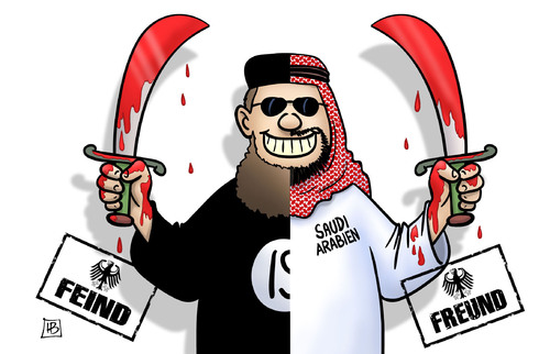 Cartoon: Freund Saudi-Arabien (medium) by Harm Bengen tagged freund,feind,saudi,arabien,is,islamisten,wahabismus,terror,hinrichtungen,deutschland,stempel,waffenlieferungen,wirtschaft,harm,bengen,cartoon,karikatur,freund,feind,saudi,arabien,is,islamisten,wahabismus,terror,hinrichtungen,deutschland,stempel,waffenlieferungen,wirtschaft,harm,bengen,cartoon,karikatur