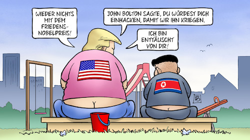 Cartoon: Friedensnobelpreis 2018 (medium) by Harm Bengen tagged friedensnobelpreis,bolton,hacken,trump,kim,jong,un,sandkasten,harm,bengen,cartoon,karikatur,friedensnobelpreis,bolton,hacken,trump,kim,jong,un,sandkasten,harm,bengen,cartoon,karikatur