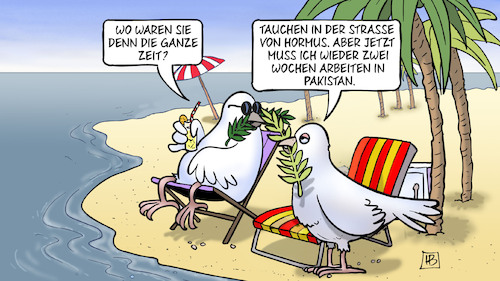 Cartoon: Friedenstaubenarbeit (medium) by Harm Bengen tagged friedenstauben,arbeit,urlaub,tauchen,hormus,pakistan,krieg,usa,iran,harm,bengen,cartoon,karikatur,friedenstauben,arbeit,urlaub,tauchen,hormus,pakistan,krieg,usa,iran,harm,bengen,cartoon,karikatur