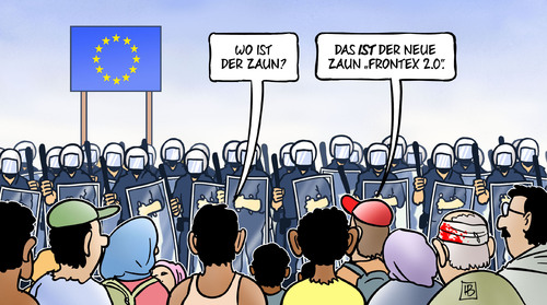 Cartoon: Frontex 2.0 (medium) by Harm Bengen tagged zaun,frontex,eu,europa,fluechtlinge,flucht,grenze,sicherung,polizei,harm,bengen,cartoon,karikatur,zaun,frontex,eu,europa,fluechtlinge,flucht,grenze,sicherung,polizei,harm,bengen,cartoon,karikatur