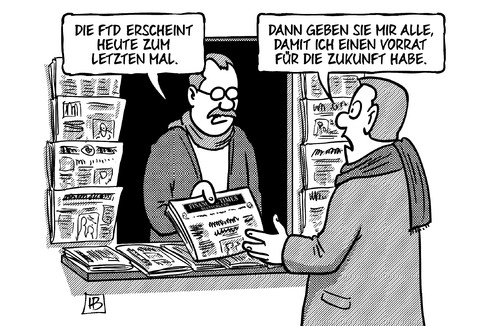 Cartoon: FTD (medium) by Harm Bengen tagged ftd,financial,times,deutschland,zeitung,zeitungssterben,erscheinen,einstellung,schluss,kiosk,vorrat,zukunft,harm,bengen,cartoon,karikatur