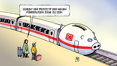 Cartoon: Führerlose Züge (medium) by Harm Bengen tagged führerlose,züge,lokführer,bahnhof,sparschwein,sparen,prototyp,reisende,harm,bengen,cartoon,karikatur,führerlose,züge,lokführer,bahnhof,sparschwein,sparen,prototyp,reisende,harm,bengen,cartoon,karikatur