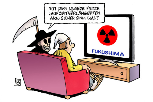 Cartoon: Fukushima (medium) by Harm Bengen tagged fukushima,japan,erdbeben,tsunami,atomkraft,kernkraft,akw,kernschmelze,gau,supergau,tschernobyl,verseuchung,radioaktiv,radioaktivität,deutschland,bundesregierung,röttgen,sicherheit,umweltminister,tv,laufzeitverlängerung,fukushima,japan,erdbeben,tsunami,atomkraft,kernkraft,akw,kernschmelze,gau,supergau,tschernobyl,radioaktiv,radioaktivität,deutschland,bundesregierung,atom,aromkraft,angela merkel,gefahr,umwelt,mensch,zerstörung,reaktor,kraftwerk,plutonium,uran,explosion,gesundheit,notstand,angela,merkel