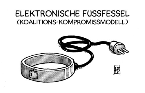 Cartoon: Fußfessel (medium) by Harm Bengen tagged fußfessel,elektronische,koalition,streit,kompromiß,fdp,cdu,csu,leuthäuser,schnarrenberger,justizministerin,sicherungsverwahrung,sicherheitsunterbringung,straftäter,justuiz,vollstreckung,strom,stecker,todesstrafe