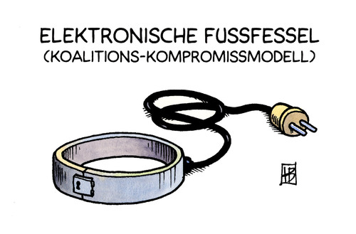 Cartoon: Fußfessel (medium) by Harm Bengen tagged fußfessel,elektronische,koalition,streit,kompromiß,fdp,cdu,csu,leuthäuser,schnarrenberger,justizministerin,sicherungsverwahrung,sicherheitsunterbringung,straftäter,justuiz,vollstreckung,strom,stecker,todesstrafe