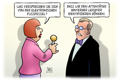 Cartoon: Fussfesselvorteil (medium) by Harm Bengen tagged elektronische,fussfessel,attentäter,islamisten,identifizieren,interview,harm,bengen,cartoon,karikatur,elektronische,fussfessel,attentäter,islamisten,identifizieren,interview,harm,bengen,cartoon,karikatur