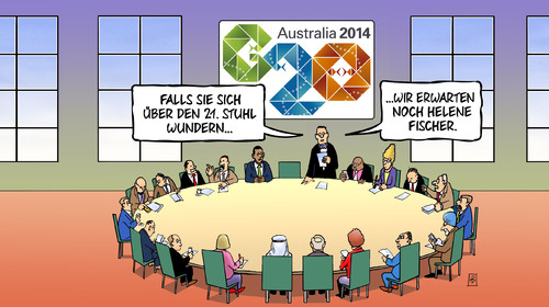 Cartoon: G20 plus Eins (medium) by Harm Bengen tagged g20,brisbane,gipfel,stuhl,helene,fischer,harm,bengen,cartoon,karikatur,g20,brisbane,gipfel,stuhl,helene,fischer,harm,bengen,cartoon,karikatur