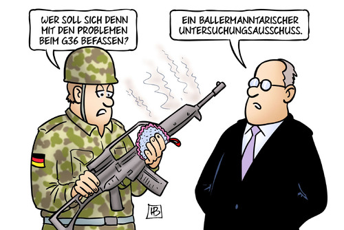 Cartoon: G36 (medium) by Harm Bengen tagged probleme,g36,gewehr,sturmgewehr,bundeswehr,soldat,verteidigungsministerin,leyen,ballermann,ballern,schiessen,parlament,parlamentarischer,untersuchungsausschuss,kritik,harm,bengen,cartoon,karikatur,probleme,g36,gewehr,sturmgewehr,bundeswehr,soldat,verteidigungsministerin,leyen,ballermann,ballern,schiessen,parlament,parlamentarischer,untersuchungsausschuss,kritik,harm,bengen,cartoon,karikatur