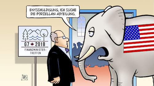 Cartoon: G7-Finanzministertreffen (medium) by Harm Bengen tagged g7,gipfel,whistler,kanada,finanzminister,treffen,elefant,usa,zoll,handelsstreit,handelskrieg,harm,bengen,cartoon,karikatur,g7,gipfel,whistler,kanada,finanzminister,treffen,elefant,usa,zoll,handelsstreit,handelskrieg,harm,bengen,cartoon,karikatur