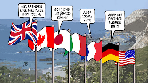 Cartoon: G7-Impfstoffspende (medium) by Harm Bengen tagged spenden,impfstoffspende,impfdosen,grosszügig,patente,corona,pandemie,fahnen,g7,cornwall,harm,bengen,cartoon,karikatur,spenden,impfstoffspende,impfdosen,grosszügig,patente,corona,pandemie,fahnen,g7,cornwall,harm,bengen,cartoon,karikatur