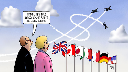 Cartoon: G7-Kampfjets (medium) by Harm Bengen tagged kampfjets,dollarzeichen,kondensstreifen,f16,fahnen,g7,gipfel,japan,hiroshima,russland,ukraine,krieg,harm,bengen,cartoon,karikatur,kampfjets,dollarzeichen,kondensstreifen,f16,fahnen,g7,gipfel,japan,hiroshima,russland,ukraine,krieg,harm,bengen,cartoon,karikatur