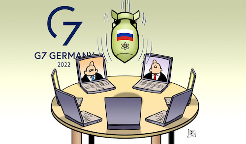 Cartoon: G7 und atomare Bedrohung (medium) by Harm Bengen tagged g7,videokonferenz,atomare,bedrohung,atombombe,krieg,ukraine,russland,harm,bengen,cartoon,karikatur,g7,videokonferenz,atomare,bedrohung,atombombe,krieg,ukraine,russland,harm,bengen,cartoon,karikatur