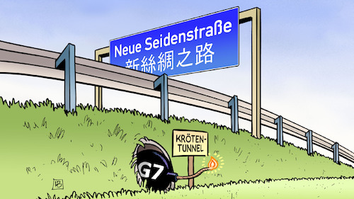 Cartoon: G7 und Seidenstrasse (medium) by Harm Bengen tagged krötentunnel,g7,china,neue,seidenstrasse,handel,autobahn,protektionismus,wirtschaft,konkurrenz,bombe,harm,bengen,cartoon,karikatur,krötentunnel,g7,china,neue,seidenstrasse,handel,autobahn,protektionismus,wirtschaft,konkurrenz,bombe,harm,bengen,cartoon,karikatur