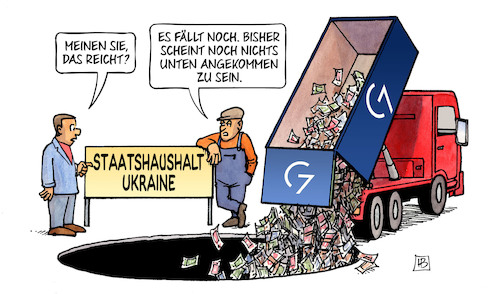 Cartoon: G7 und Ukraine (medium) by Harm Bengen tagged staatshaushalt,g7,lastwagen,lkw,kipper,loch,geld,russland,ukraine,krieg,harm,bengen,cartoon,karikatur,staatshaushalt,g7,lastwagen,lkw,kipper,loch,geld,russland,ukraine,krieg,harm,bengen,cartoon,karikatur