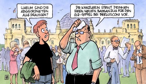 Cartoon: G8-Gipfel (medium) by Harm Bengen tagged g8,gipfel,reichstag,bundestag,parlament,abgeordnete,kanzlerin,merkel,badeanzug,italien,berlusconi,sommer,heiss,g8,gipfel,summit,italien,aquila,angela merkel,silvio berlusconi,g20,laquila,reichstag,berlin,hitze,abgeordnete,kanzlerin,kanzler,badeanzug,bademode,bikini,sommer,angela,merkel,silvio,berlusconi