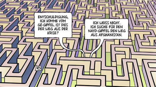 Cartoon: G8 und NATO-Gipfel (medium) by Harm Bengen tagged g8,nato,gipfel,krise,schuldenkrise,eurokrise,europa,usa,wirtschaft,afghanistan,krieg,aufstand,rückzug,abzug,weg,labyrinth,ausweg,g8,nato,gipfel,krise,schuldenkrise,eurokrise,europa,usa