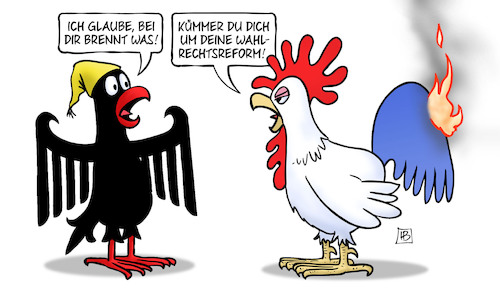 Cartoon: Gallischer Hahn brennt (medium) by Harm Bengen tagged wahlrechtsreform,rentenreform,frankreich,protest,bundestag,adler,bundesadler,macron,gallischer,hahn,feuer,rauch,harm,bengen,cartoon,karikatur,wahlrechtsreform,rentenreform,frankreich,protest,bundestag,adler,bundesadler,macron,gallischer,hahn,feuer,rauch,harm,bengen,cartoon,karikatur