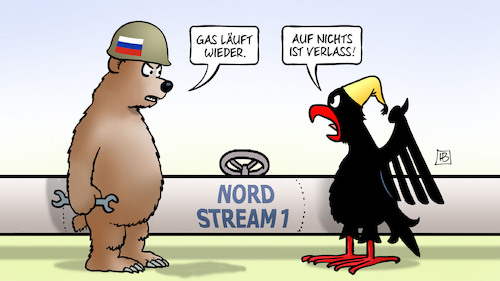 Cartoon: Gas fliesst (medium) by Harm Bengen tagged verlass,gas,fliesst,pipeline,nordstream1,bundesadler,adler,bär,wartung,krieg,ukraine,russland,harm,bengen,cartoon,karikatur,verlass,gas,fliesst,pipeline,nordstream1,bundesadler,adler,bär,wartung,krieg,ukraine,russland,harm,bengen,cartoon,karikatur