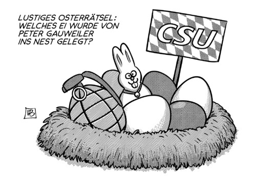 Cartoon: Gauweiler (medium) by Harm Bengen tagged lustiges,osterrätsel,ei,eier,peter,gauweiler,nest,csu,seehofer,handgranate,sprengstoff,ostern,hase,harm,bengen,cartoon,karikatur