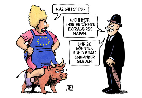 Cartoon: GB-Extrawurst (medium) by Harm Bengen tagged gb,uk,extrawurst,eu,europa,stier,schlanker,harm,bengen,cartoon,karikatur,gb,uk,extrawurst,eu,europa,stier,schlanker,harm,bengen,cartoon,karikatur