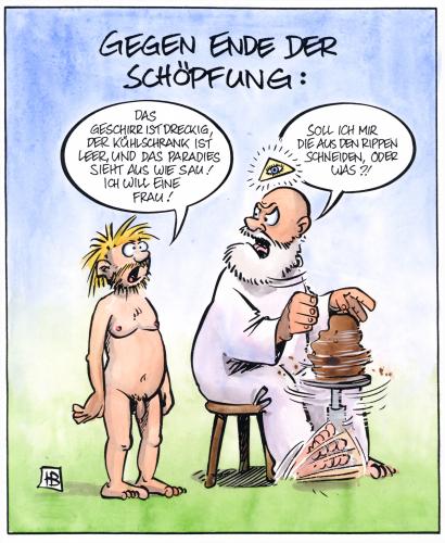 Cartoon: Gegen Ende der Schöpfung (medium) by Harm Bengen tagged schöpfung,adam,gott,rippen,ton,rippe,eva,bibel,religion,christentum,paradies,schöpfung,adam,gott,rippen,erschaffung,paradies,frau,mann,forderung,beschwerde,schneiden,zaubern,töpfern,schöpfer,genesis,1buch moses,evolution kreationismus,darwin,darwinismus,inteligent design,reklamation,ungeduld,eva,töpferscheibe,garten eden,macho,rollenverständnis,1buch,moses,evolution,kreationismus,inteligent,design,garten,eden,rollenverteilung,arbeitsteilung,geschlechterkampf,geschlechterkrieg,patriarchat,matriarchat