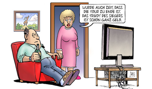 Cartoon: Gelbes Trikot (medium) by Harm Bengen tagged trikot,sieger,gelb,ende,tour,de,france,tv,harm,bengen,cartoon,karikatur,trikot,sieger,gelb,ende,tour,de,france,tv,harm,bengen,cartoon,karikatur