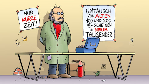 Cartoon: Geldumtausch (medium) by Harm Bengen tagged 100,200,euro,neue,geldscheine,fälschungssicher,umtausch,harm,bengen,cartoon,karikatur,100,200,euro,neue,geldscheine,fälschungssicher,umtausch,harm,bengen,cartoon,karikatur