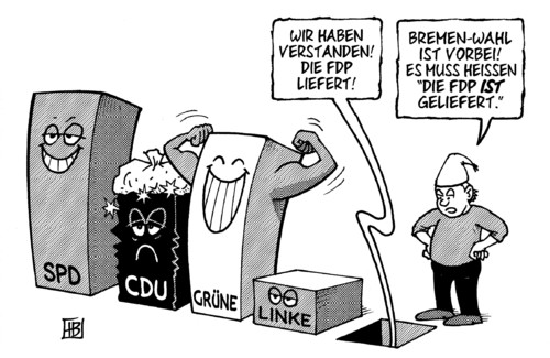 Cartoon: Geliefert (medium) by Harm Bengen tagged bremen,wahl,landtagswahl,bürgerschaftswahl,bürgerschaft,parlament,cdu,spd,fdp,linke,liefern,geliefert