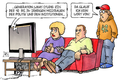 Cartoon: Generation-What-Studie (medium) by Harm Bengen tagged generation,what,studie,jugendliche,misstrauen,politik,institutionen,glauben,tv,eltern,harm,bengen,cartoon,karikatur,generation,what,studie,jugendliche,misstrauen,politik,institutionen,glauben,tv,eltern,harm,bengen,cartoon,karikatur