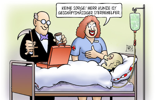 Cartoon: Geschäftsmässige Sterbehilfe (medium) by Harm Bengen tagged geschäftsmässiger,sterbehilfe,sterbehelfer,suizid,bverfg,urteil,tod,krankenhaus,krankenschwester,patient,harm,bengen,cartoon,karikatur,geschäftsmässiger,sterbehilfe,sterbehelfer,suizid,bverfg,urteil,tod,krankenhaus,krankenschwester,patient,harm,bengen,cartoon,karikatur