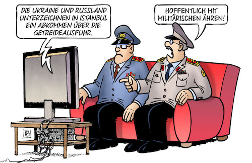 Cartoon: Getreideausfuhr (medium) by Harm Bengen tagged istanbul,abkommen,getreideausfuhr,militärischen,ähren,ehren,general,generäle,tv,krieg,ukraine,russland,harm,bengen,cartoon,karikatur,istanbul,abkommen,getreideausfuhr,militärischen,ähren,ehren,general,generäle,tv,krieg,ukraine,russland,harm,bengen,cartoon,karikatur