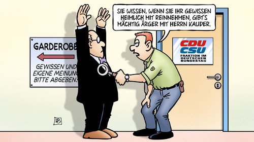 Cartoon: Gewissen (medium) by Harm Bengen tagged gewissen,heimlich,ärger,kauder,cdu,csu,fraktionszwang,garderobe,meinung,abgeben,sicherheit,scannen,harm,bengen,cartoon,karikatur,gewissen,heimlich,ärger,kauder,cdu,csu,fraktionszwang,garderobe,meinung,abgeben,sicherheit,scannen,harm,bengen,cartoon,karikatur