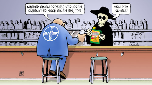 Cartoon: Glyphosat-Niederlage (medium) by Harm Bengen tagged bayer,urteil,monsanto,usa,prozess,gift,roundup,krebs,tod,kneipe,bengen,cartoon,karikatur,bayer,urteil,monsanto,usa,prozess,gift,roundup,krebs,tod,kneipe,bengen,cartoon,karikatur