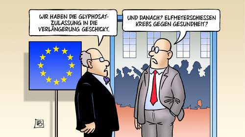 Cartoon: Glyphosat-Verlängerung (medium) by Harm Bengen tagged glyphosat,roundup,gift,pflanzenschutzmittel,unkrautvernichtungsmittel,zulassung,verlängerung,elfmeterschiessen,krebs,gesundheit,eu,europa,em,europameisterschaft,fussball,harm,bengen,cartoon,karikatur,glyphosat,roundup,gift,pflanzenschutzmittel,unkrautvernichtungsmittel,zulassung,verlängerung,elfmeterschiessen,krebs,gesundheit,eu,europa,em,europameisterschaft,fussball,harm,bengen,cartoon,karikatur