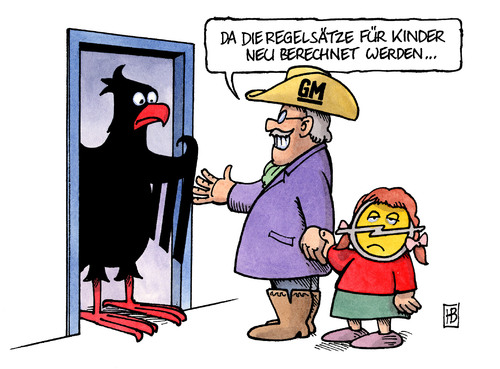 Cartoon: GM will Staatshilfe (medium) by Harm Bengen tagged gm,opel,staatshilfe,kredit,finanzierung,stellenabbau,arbeitsplätze,bundesadler,kind,regelsatz,hartz,betteln,fordern