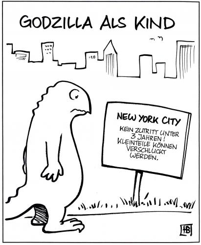 Cartoon: Godzilla als Kind (medium) by Harm Bengen tagged godzilla,kind,new,york,verschlucken,verboten,kleinteile,spielen,stadt