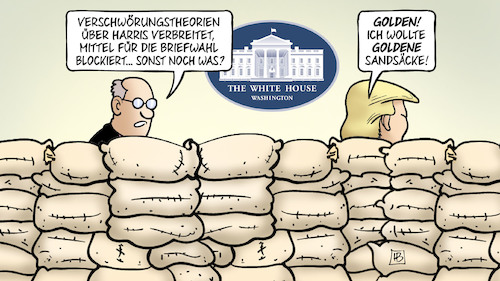 Cartoon: Goldene Vorbeugung (medium) by Harm Bengen tagged verschwoerungstheorien,harris,briefwahl,blockiert,trump,white,house,weisses,haus,goldene,sandsaecke,wahl,harm,bengen,cartoon,karikatur,verschwoerungstheorien,harris,briefwahl,blockiert,trump,white,house,weisses,haus,goldene,sandsaecke,wahl,harm,bengen,cartoon,karikatur